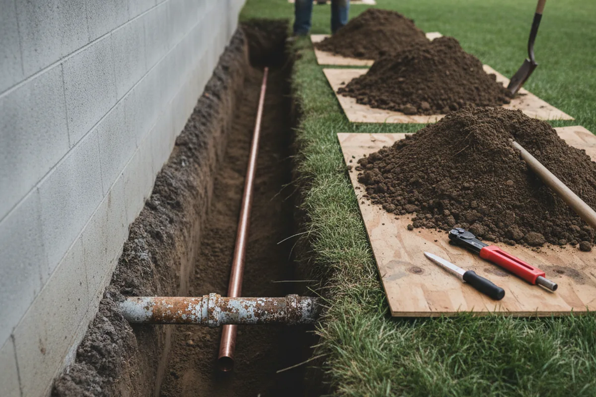 Excavated water line trench during Water Softener Installation in Manley